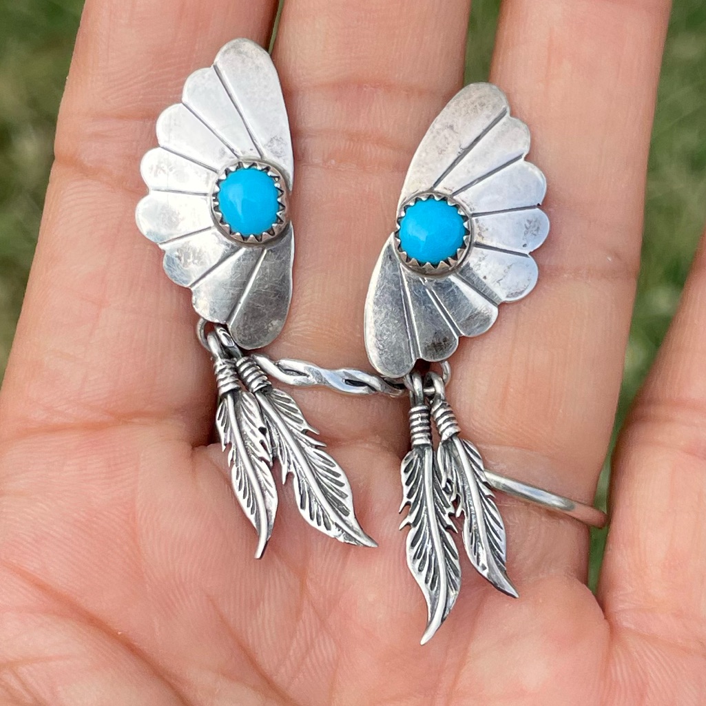 Vintage Native American 925 Sterling Silver Handmade Fan Feather Turquoise 105$